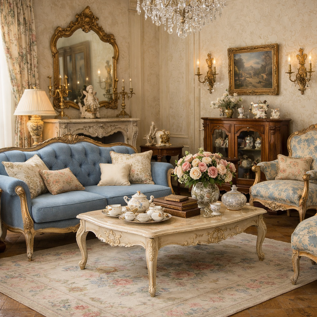 A vintage-inspired living room featuring French blue sofa, elegant decor, and warm lighting.