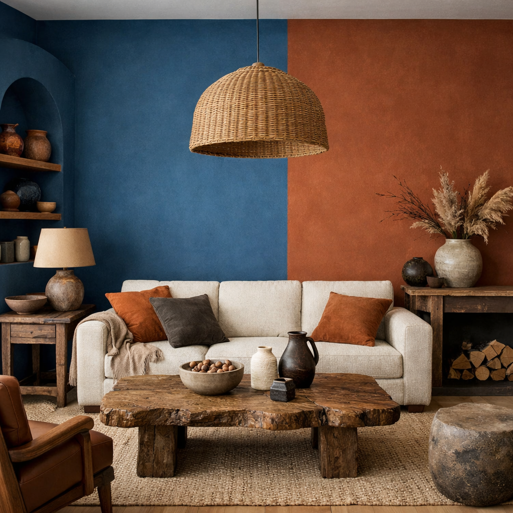 A stylish living room featuring blue and rust color blocked walls, a cozy cream couch with colored pillows, and rustic wooden furniture.