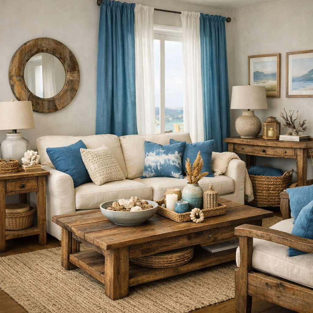 Living room with coastal blue decor and rustic wooden furniture.