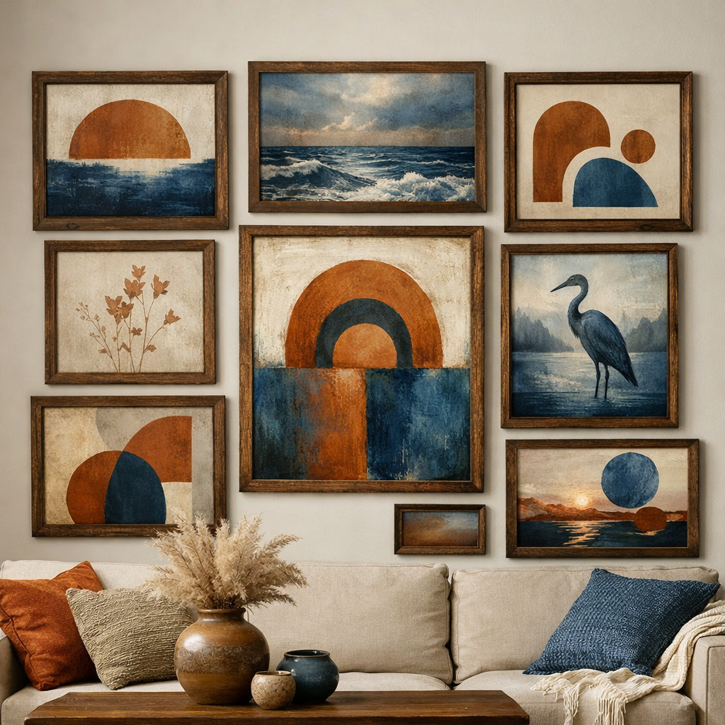 Gallery wall featuring blue and rust art in a cozy living room setting.