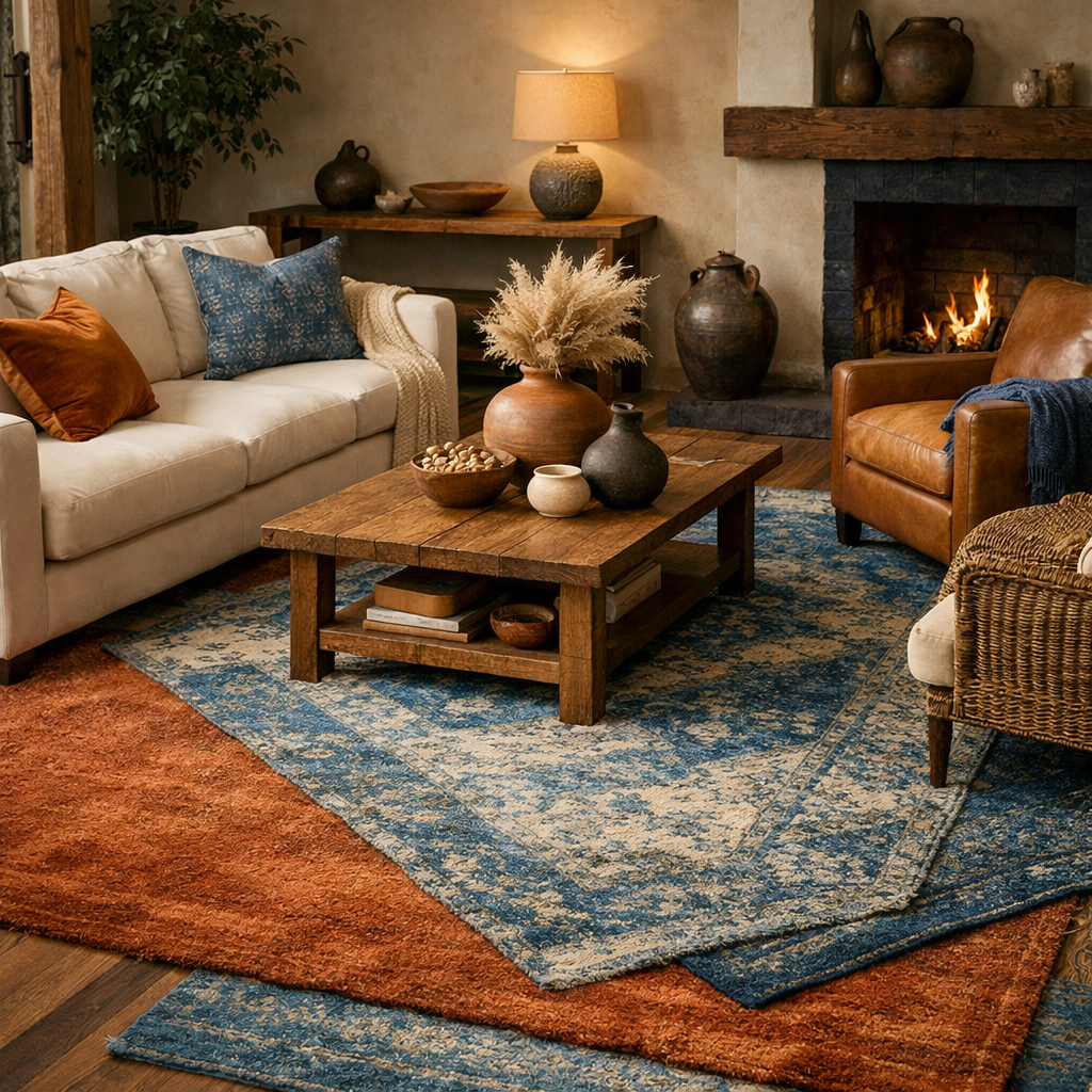 A living room featuring layered rugs in blue and rust hues with a cozy fireplace and wooden furniture.