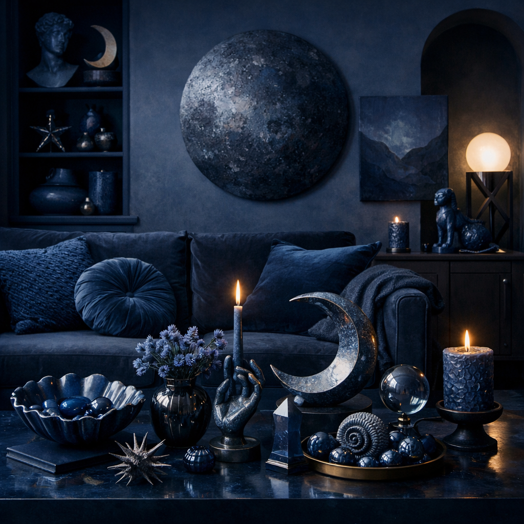 A midnight blue living room featuring decorative elements including candles, vases, and artwork.