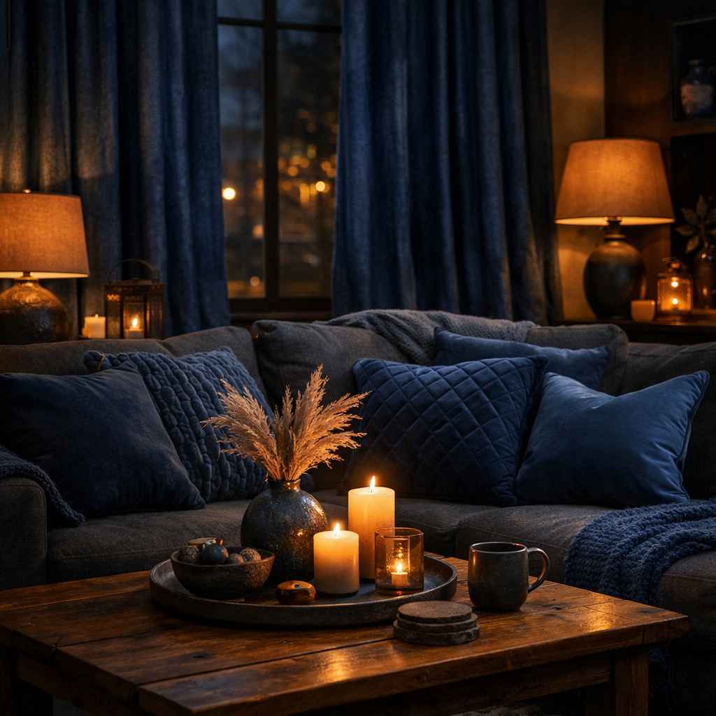A cozy living room with midnight blue fabrics, featuring plush pillows, a warm glow from candles, and natural decor, creating a comfortable atmosphere.