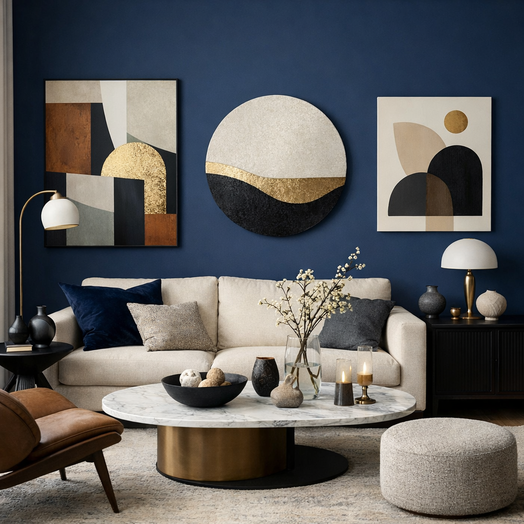 A living room with a midnight blue accent wall, featuring modern art, a beige sofa, and elegant decor.