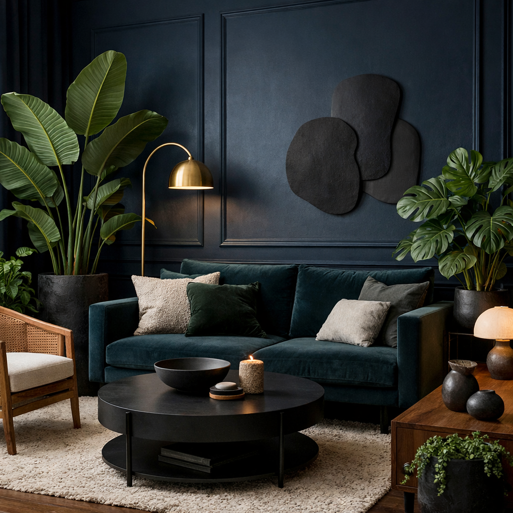 A stylish living room featuring midnight blue walls, a plush blue sofa, lush green plants, and modern decor elements.