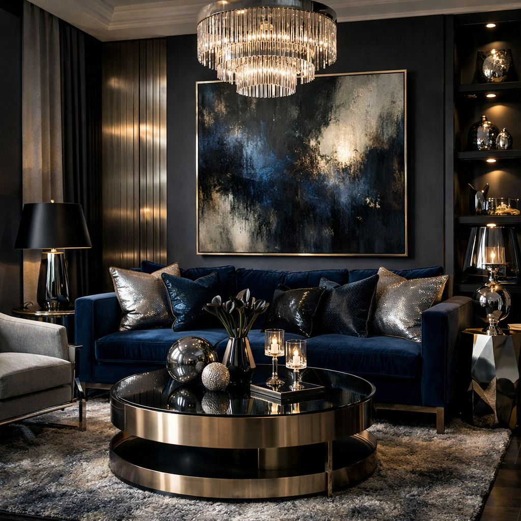 A stylish midnight blue living room featuring a luxurious blue sofa, metallic accents, and elegant decor.