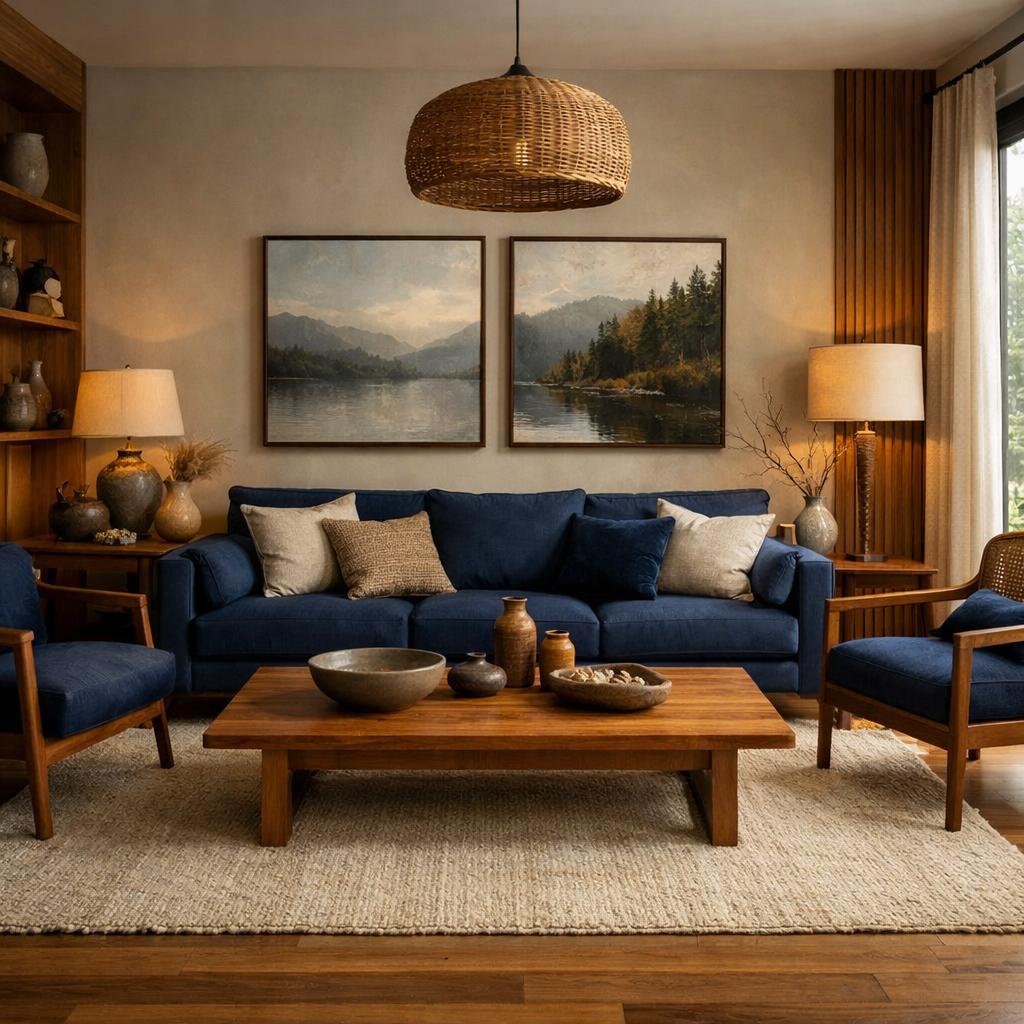 A cozy living room featuring a midnight blue sofa, natural wood furniture, and warm lighting.