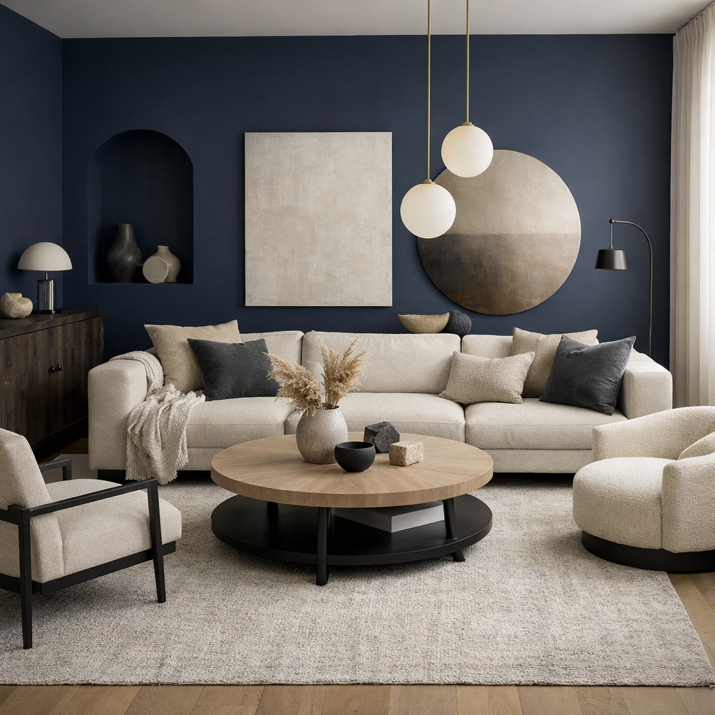 A cozy living room featuring midnight blue walls paired with soft neutral furniture.