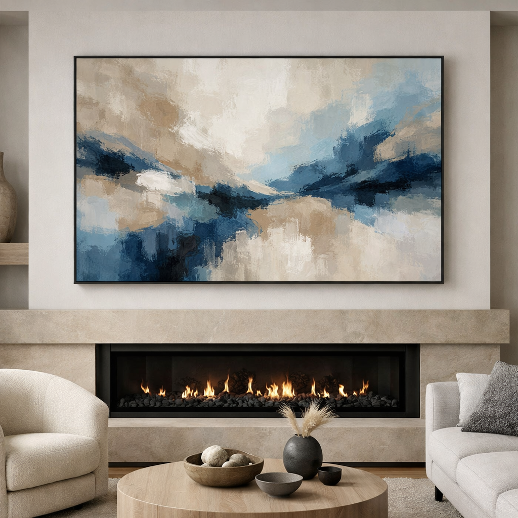 An elegant living room featuring a large abstract artwork in taupe and blue above a fireplace.
