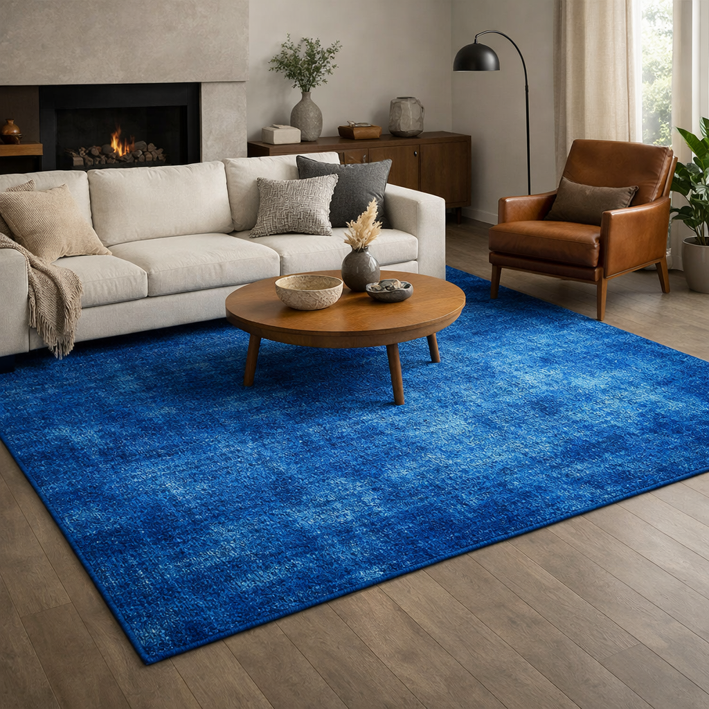 A living room featuring a vibrant blue area rug on taupe flooring, with a beige sofa and brown leather chair.