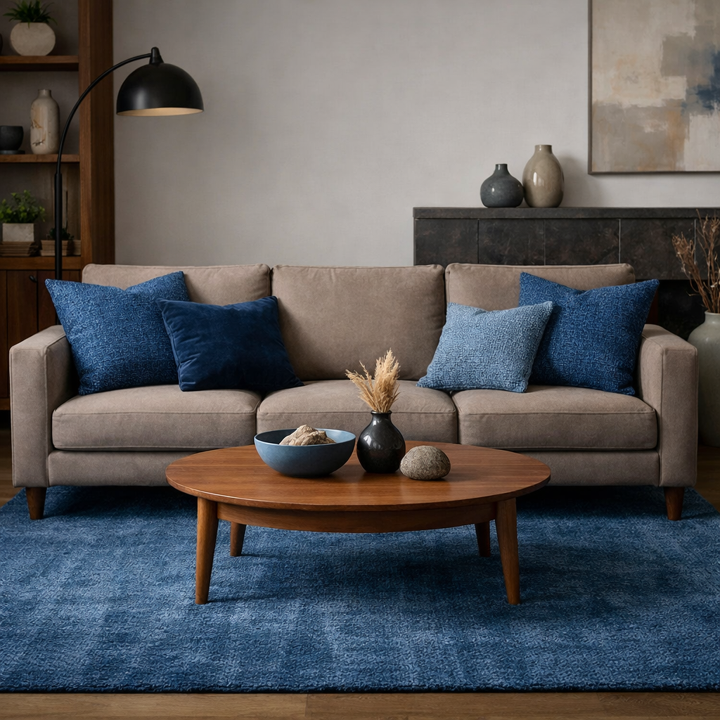 Cozy taupe sofa with blue accent pillows in a living room, featuring a wooden coffee table and blue area rug.