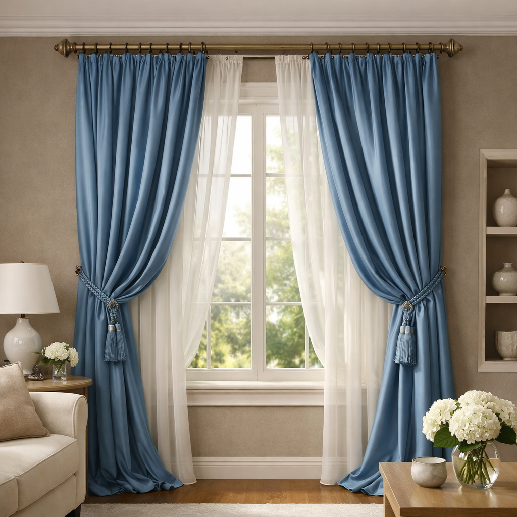 Living room with elegant blue curtains against taupe walls and light gray furniture