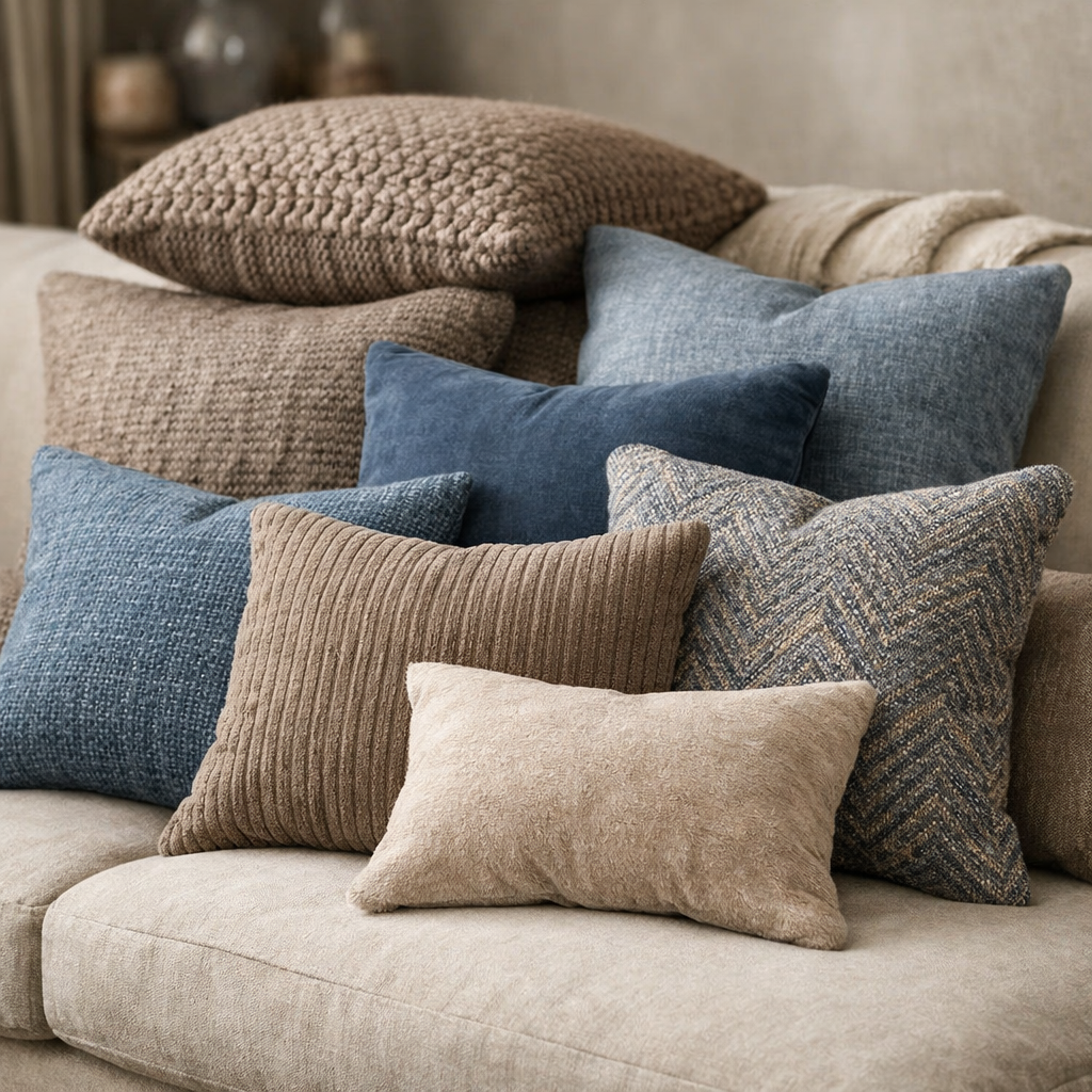An arrangement of taupe and blue pillows on a beige sofa, showcasing different textures and patterns.
