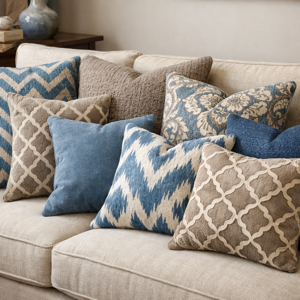 A cozy couch featuring a variety of taupe and blue decorative cushions with different patterns.