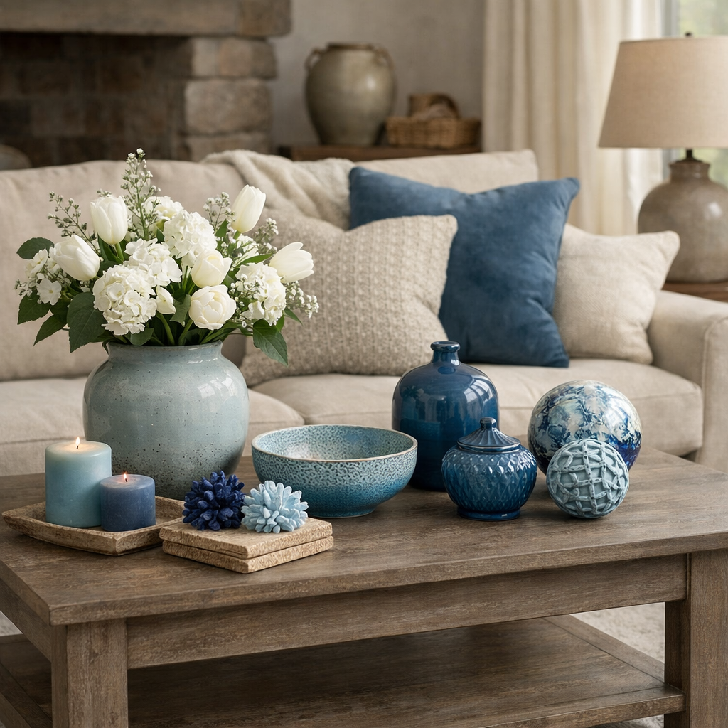 A rustic taupe coffee table decorated with blue vases, candles, and a floral arrangement.