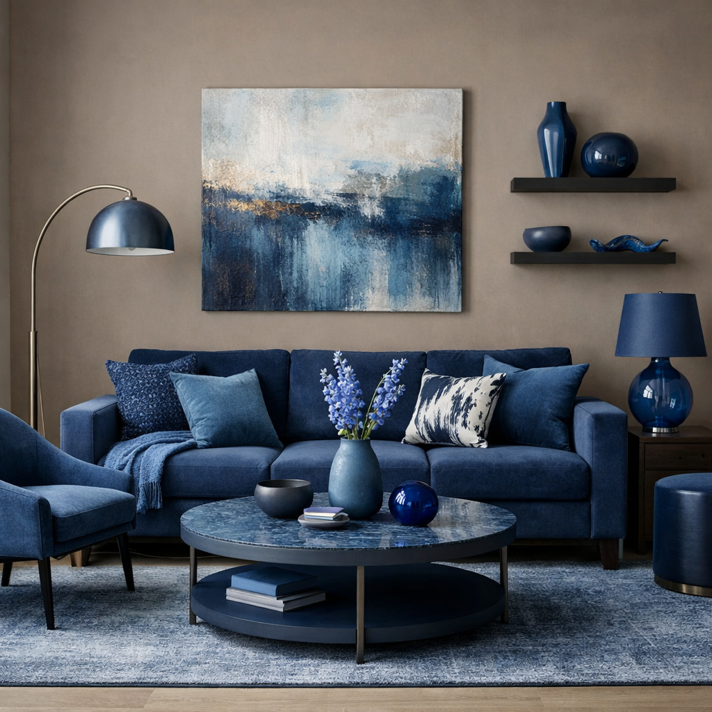 Living room featuring a taupe accent wall and blue furnishings.