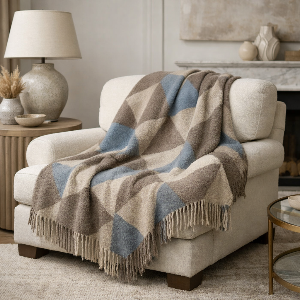A taupe and blue geometric patterned throw on a light beige sofa, with a lamp and decorative items nearby.