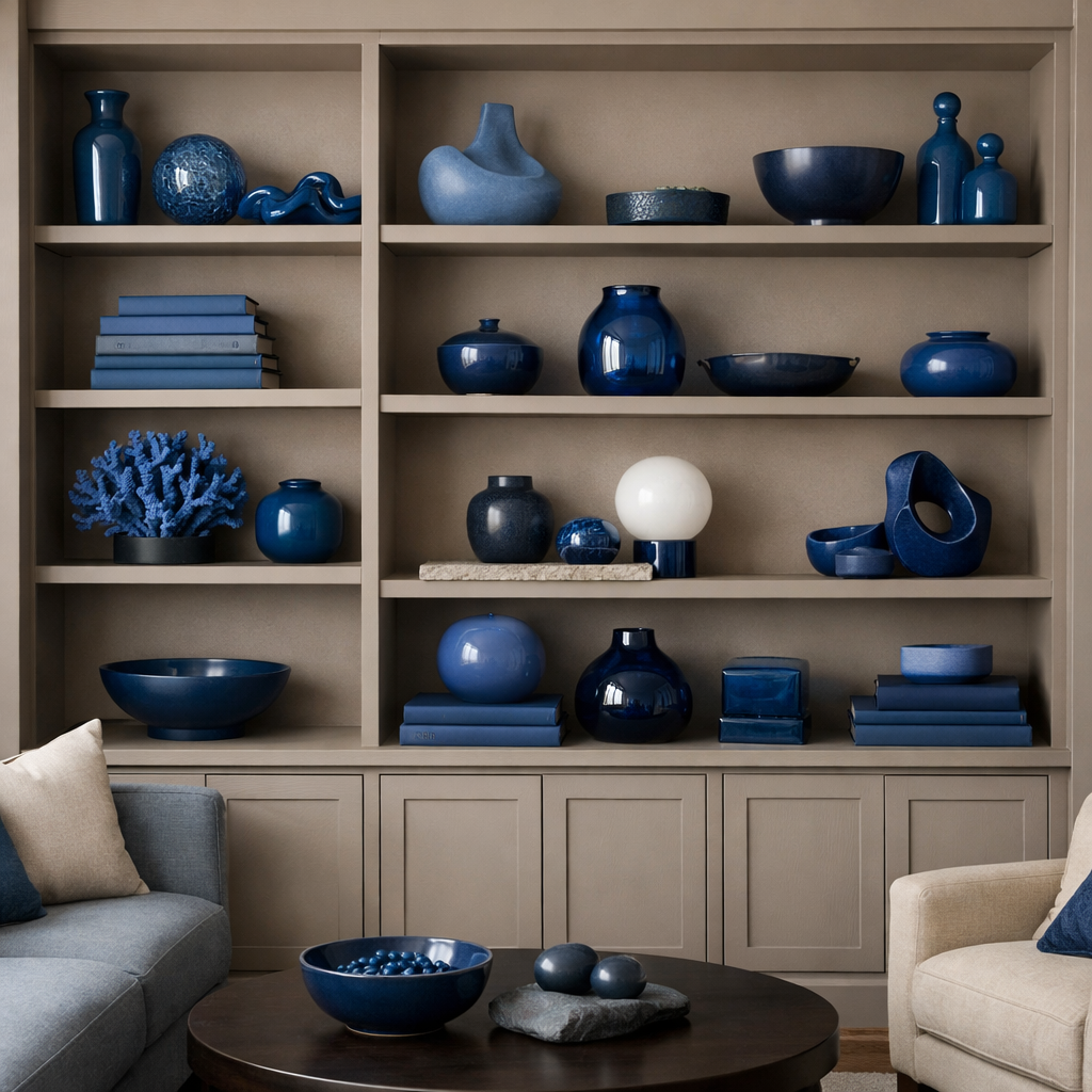 A display of blue accessories on taupe shelves in a living room setting