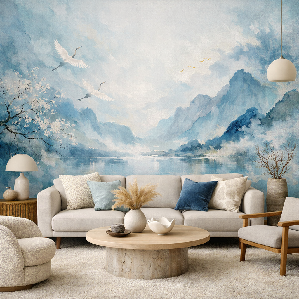 A serene living room with a baby blue wall mural depicting mountains and cranes, featuring a cozy beige sofa and wooden coffee table.