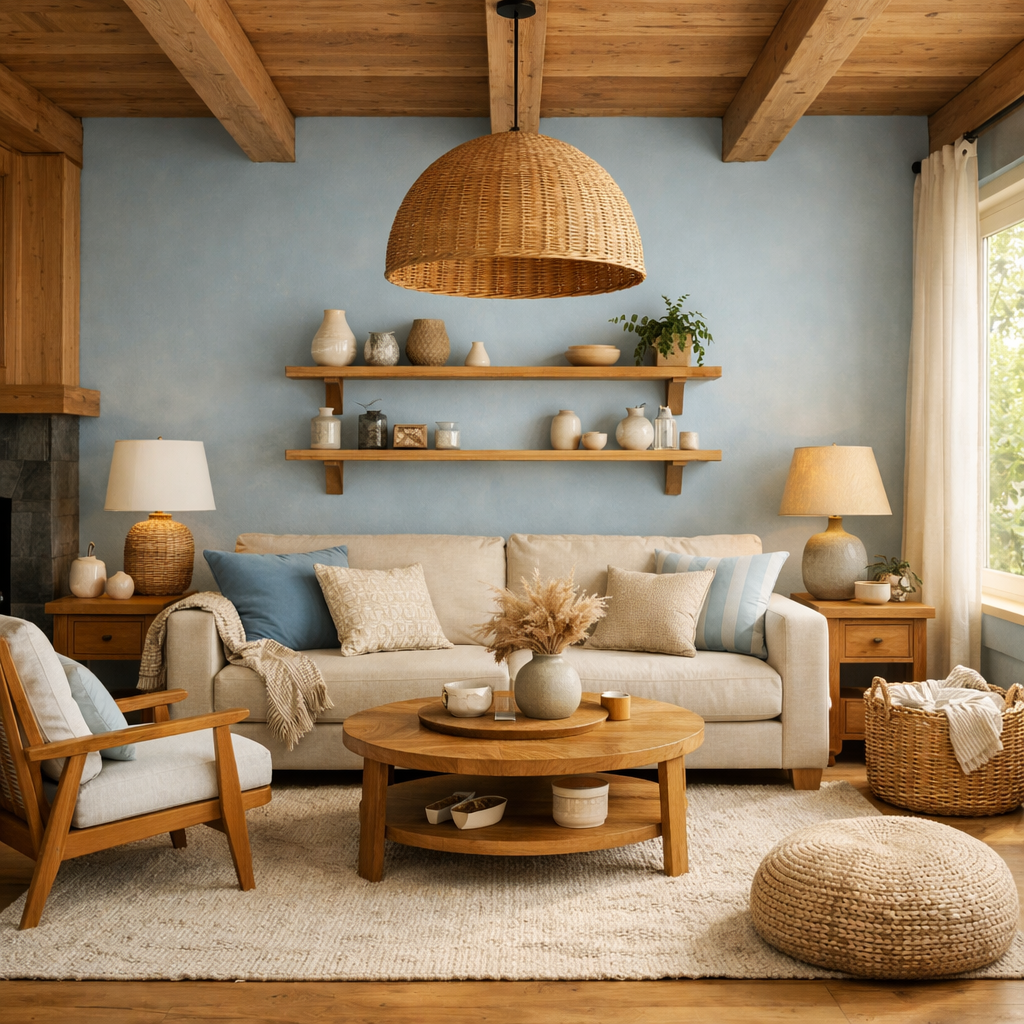 Living room featuring baby blue walls, warm wood furniture, and cozy decor.