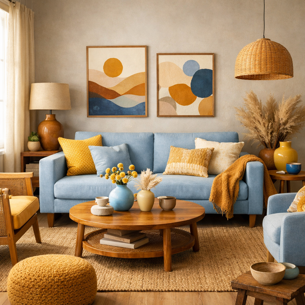 A cozy baby blue living room featuring contrasting yellow and earthy tones with modern decor.