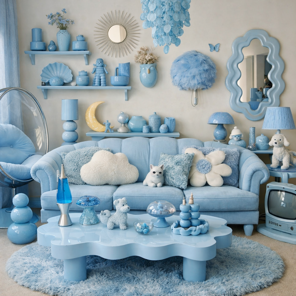 Eclectic baby blue living room with a couch, decorative items, and a unique coffee table