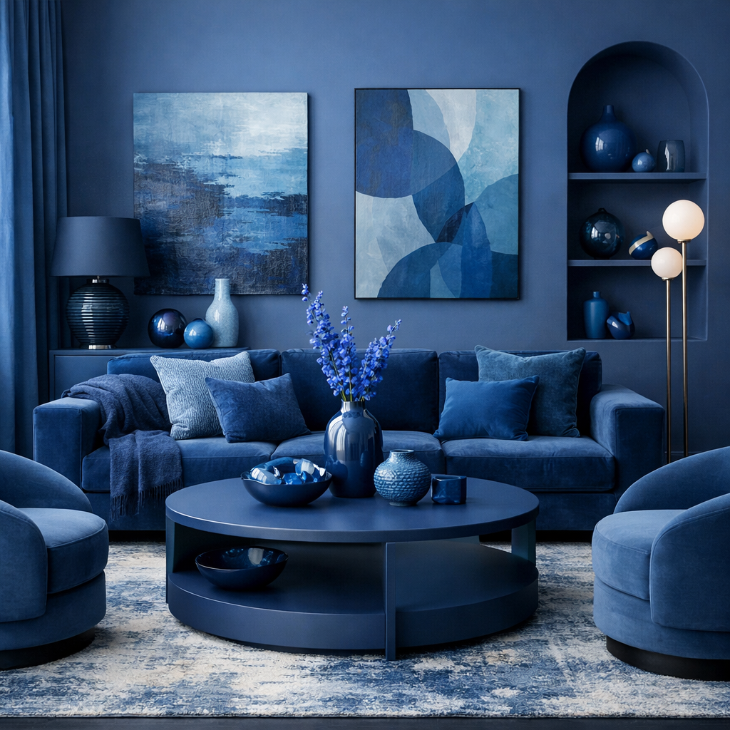 A stylish living room in various shades of blue, featuring a navy couch, blue decor, and artistic wall art.