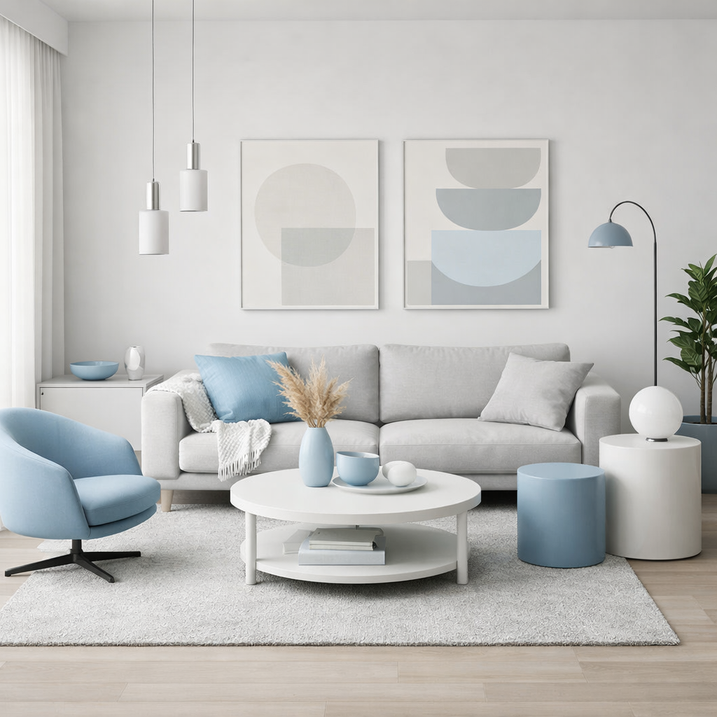 Modern living room featuring a baby blue theme with minimalist furniture and decor