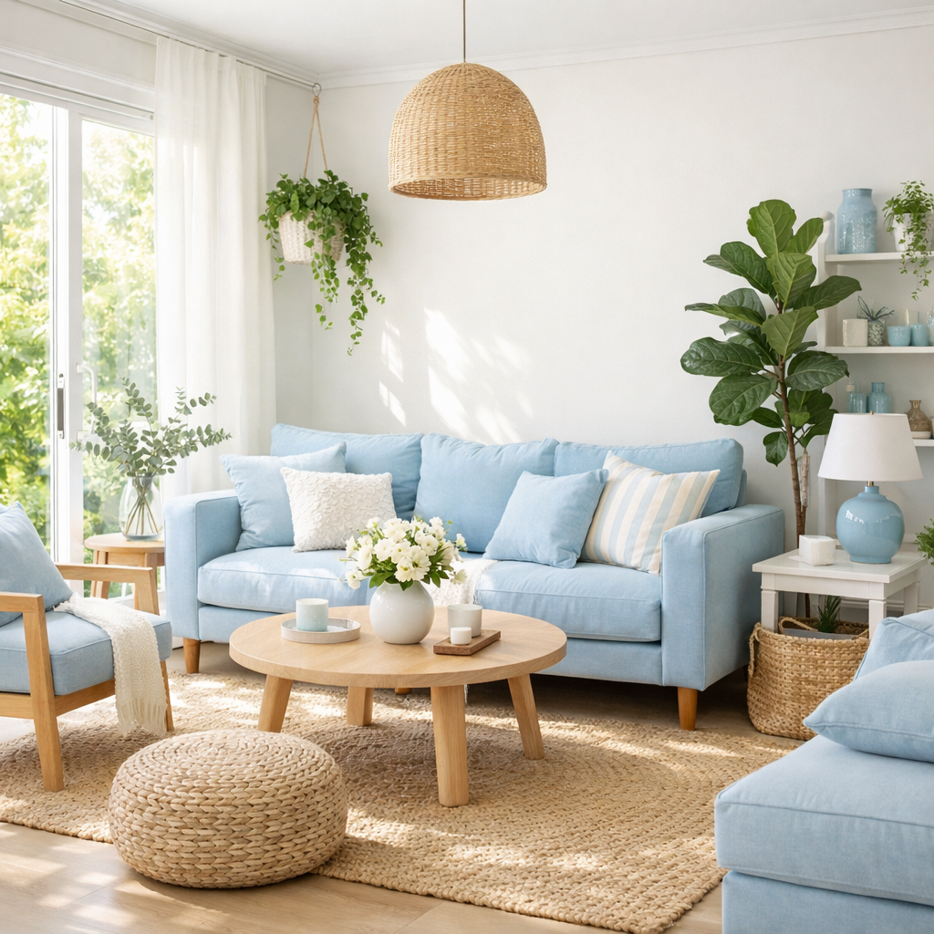 A bright living room featuring baby blue furniture, natural light, plants, and a cozy atmosphere.