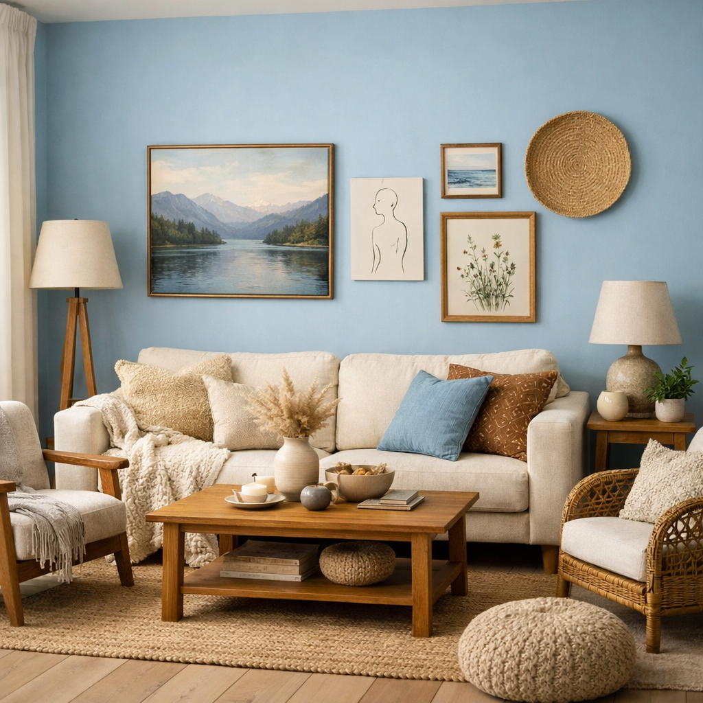 A serene baby blue living room featuring a cozy couch, decorative wall art, and natural textures.