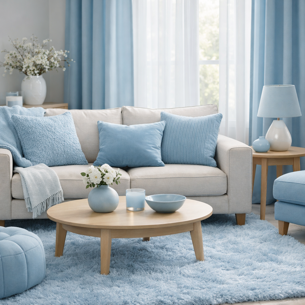 A soft and cozy baby blue living room featuring plush pillows, a fluffy rug, and light curtains.