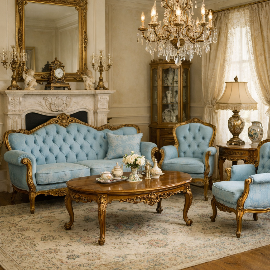 A vintage living room featuring baby blue furniture, elegant chandelier, and ornate decor.