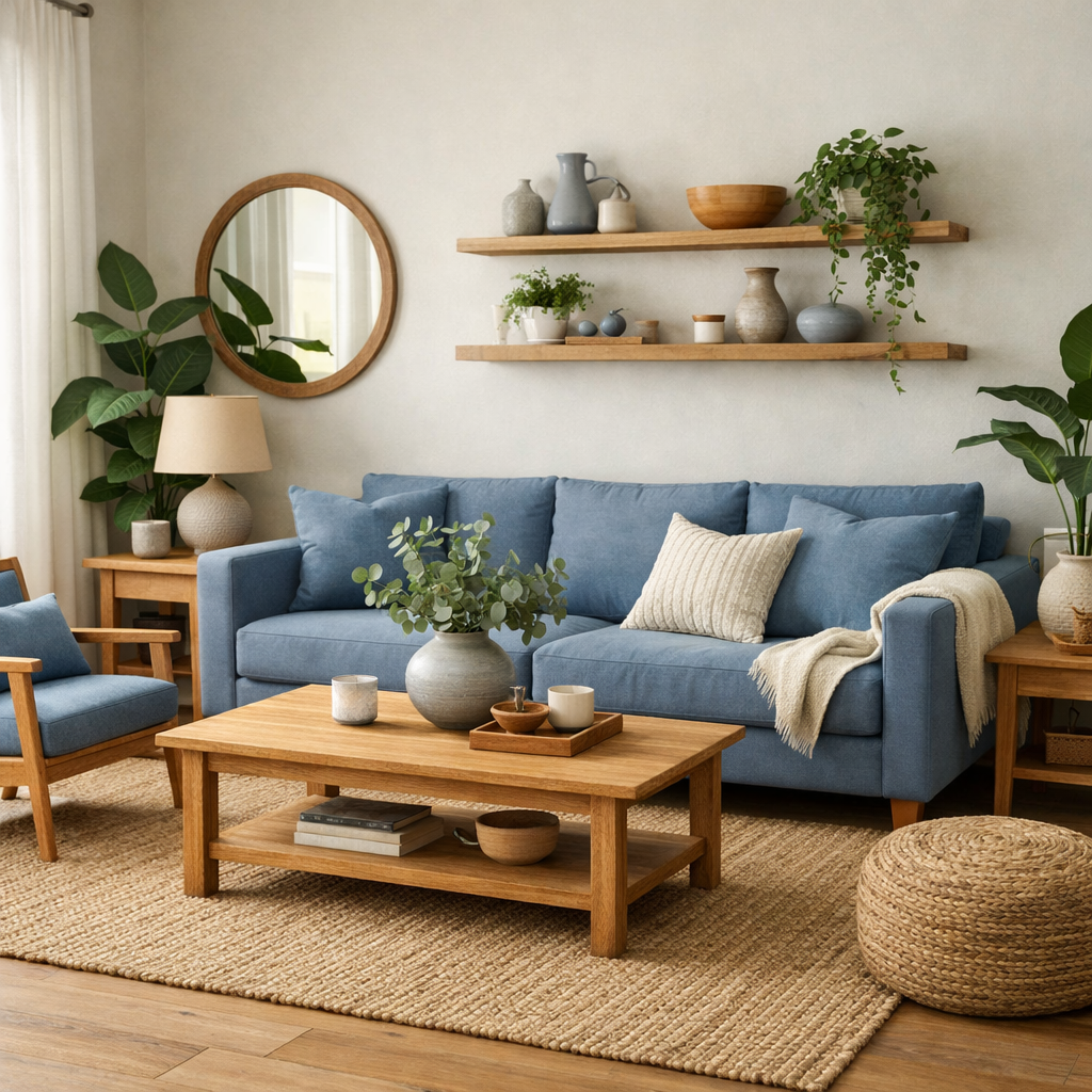 A living room featuring dusty blue furniture and natural wood accents