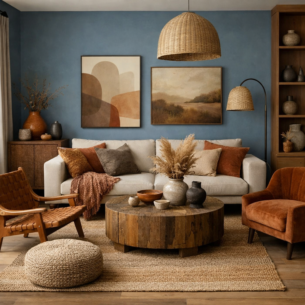 A stylish living room featuring dusty blue walls and earthy tones in furniture and decor.