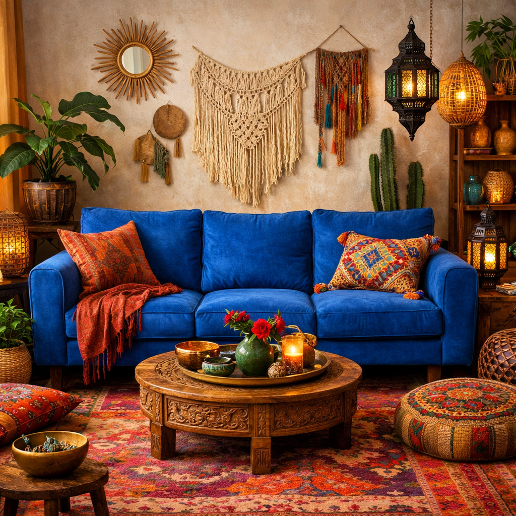 A bright blue couch with colorful pillows in a boho living room, featuring macrame wall art and a wooden coffee table.
