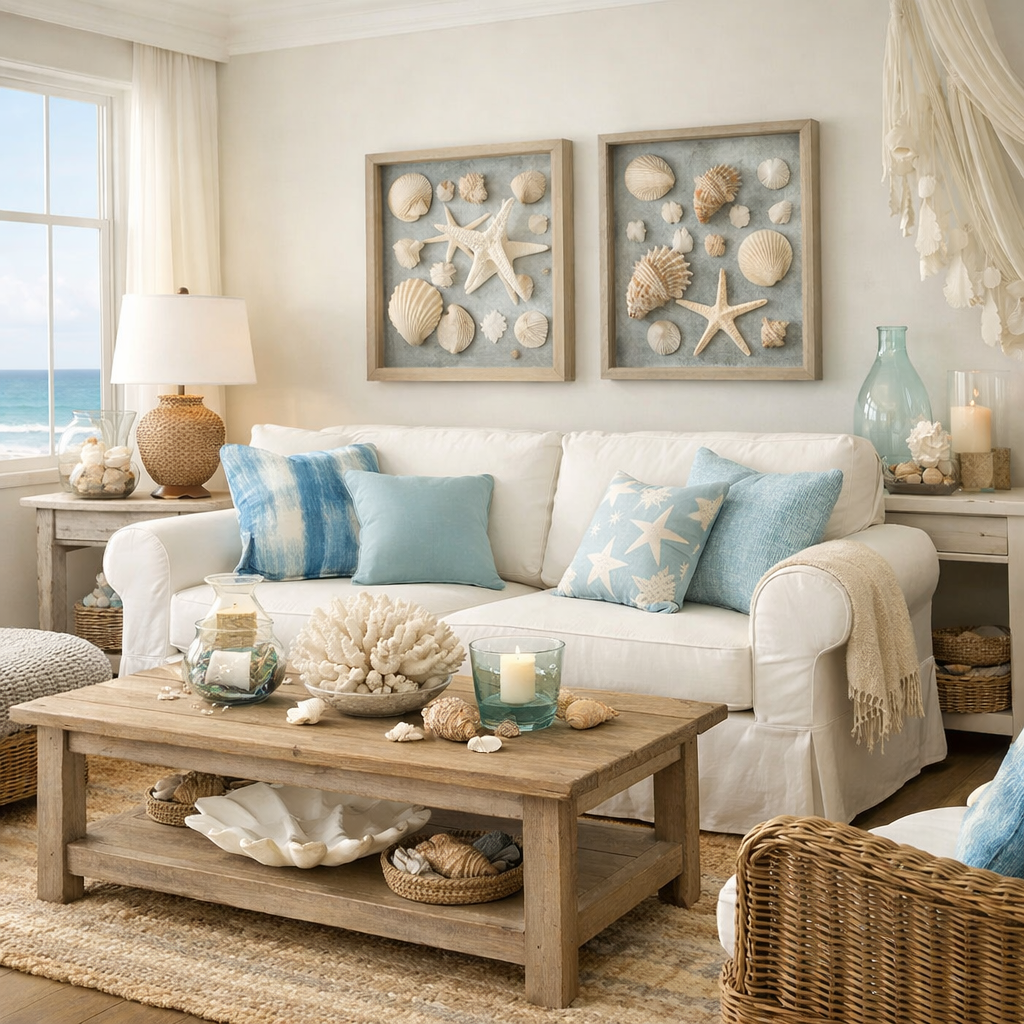 A coastal-inspired living room featuring blue accents, a white couch, and seashell decorations.