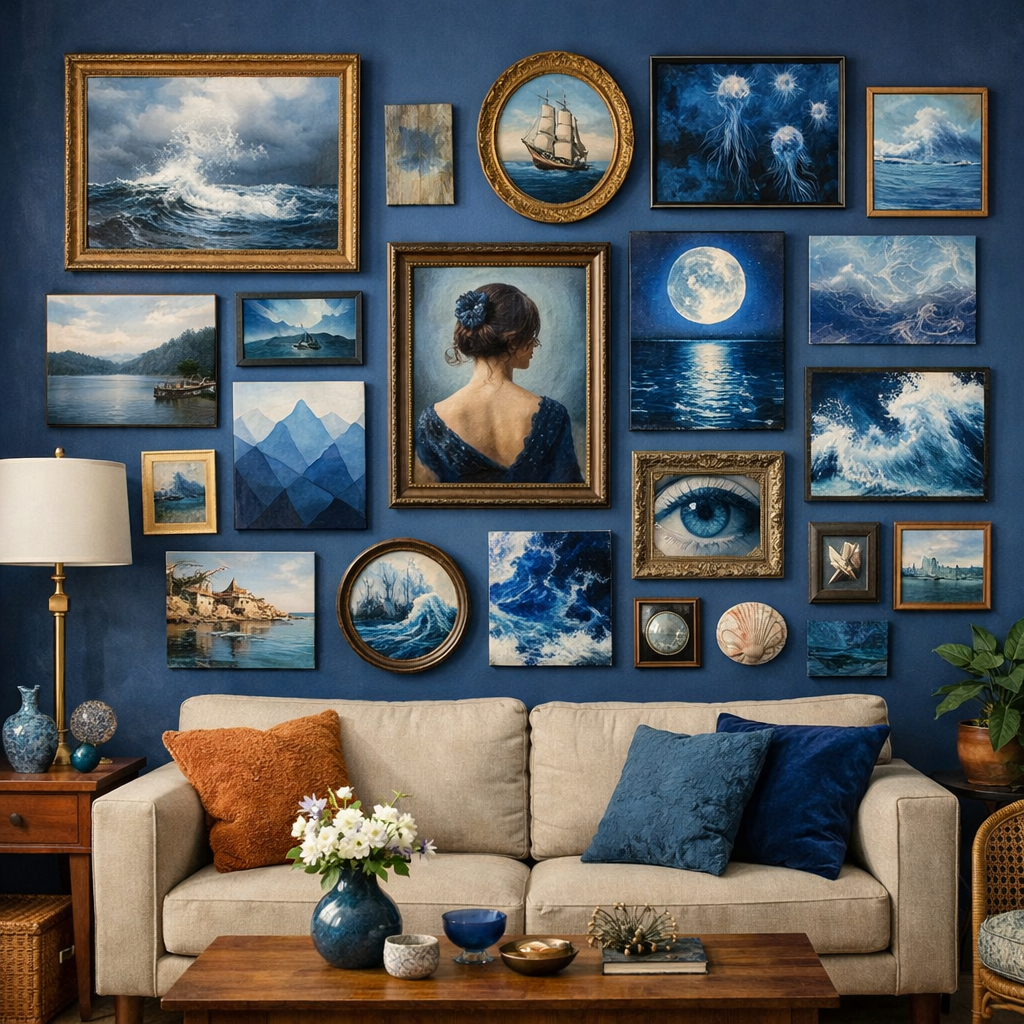 Eclectic gallery wall featuring blue-themed artworks and a cozy sofa in a boho living room