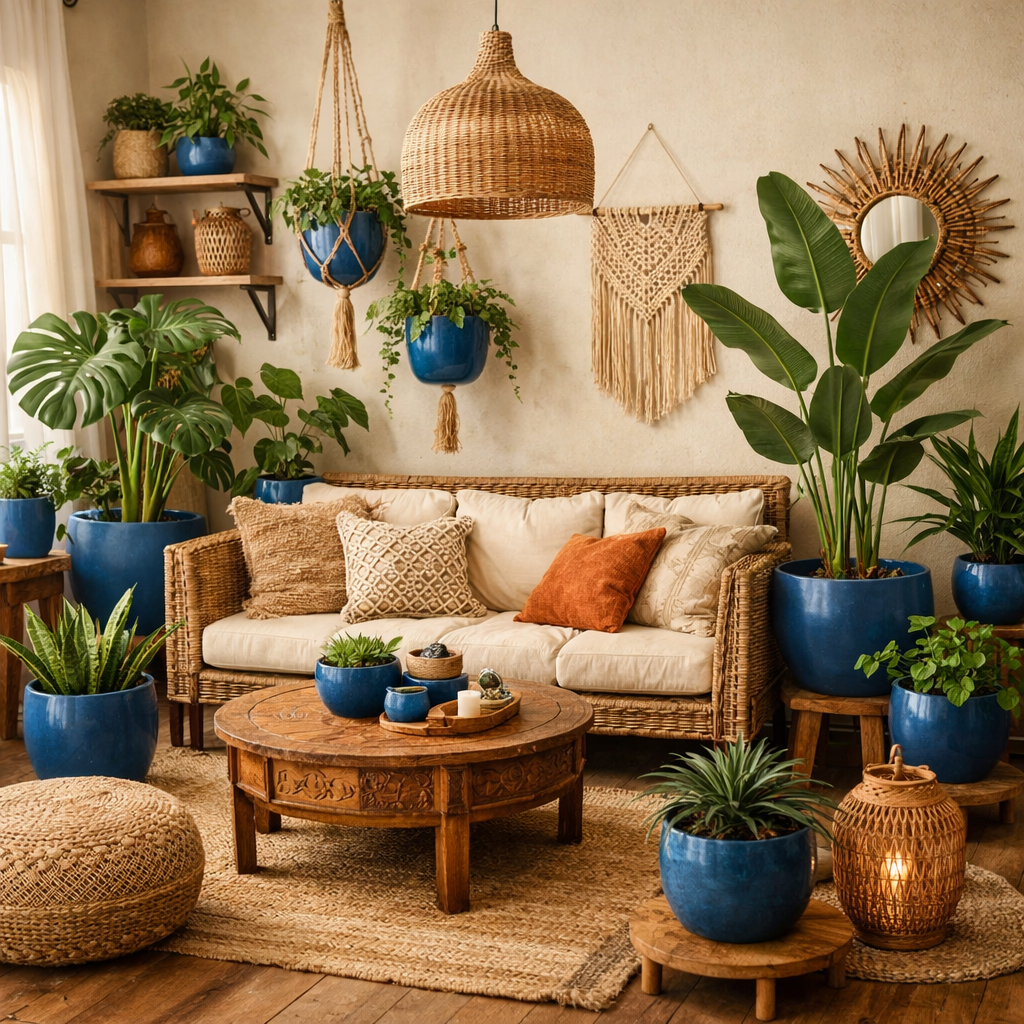A cozy blue boho living room filled with various indoor plants in blue pots, showcasing a relaxing atmosphere.
