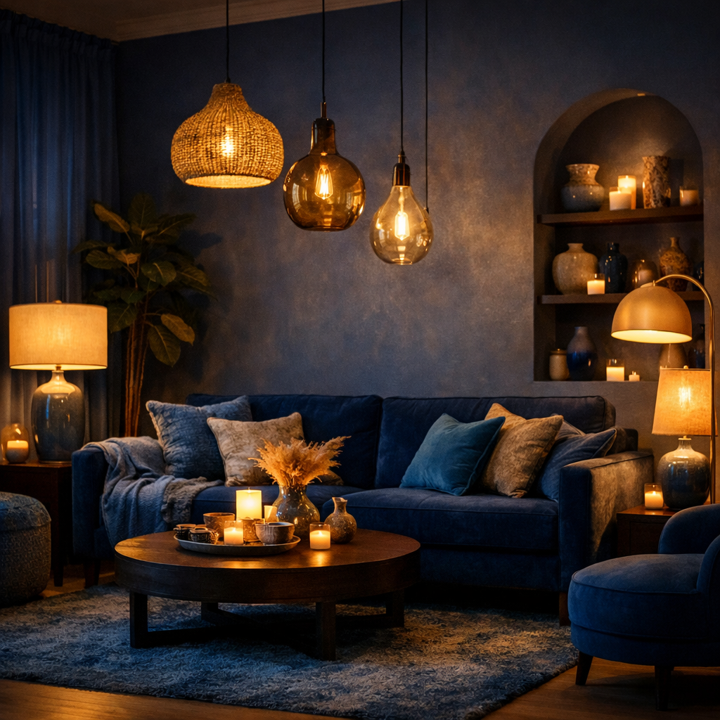 A cozy blue boho living room featuring layered lighting with pendant lights and candles