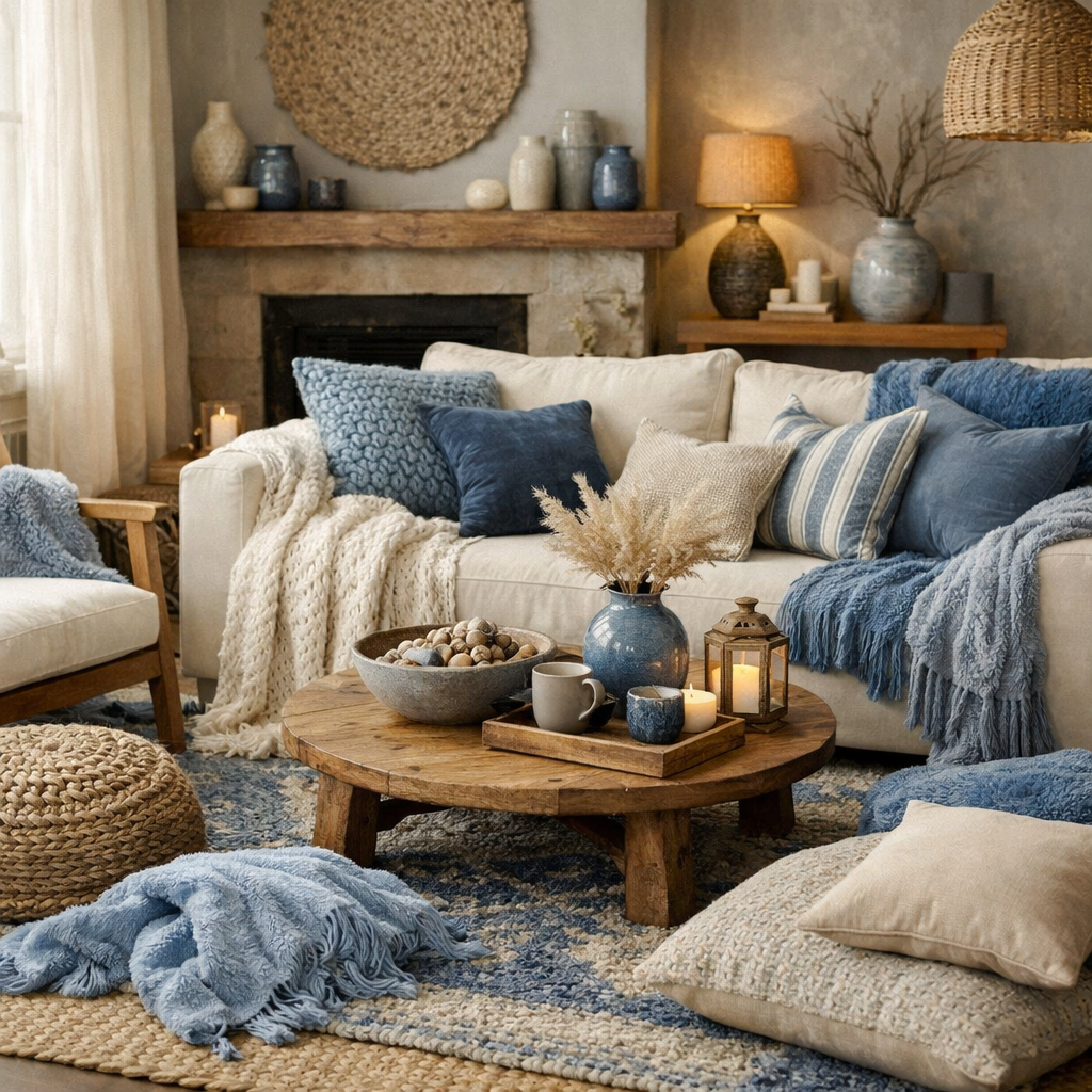 A cozy blue boho living room featuring layered textures with soft pillows, throws, and natural materials.