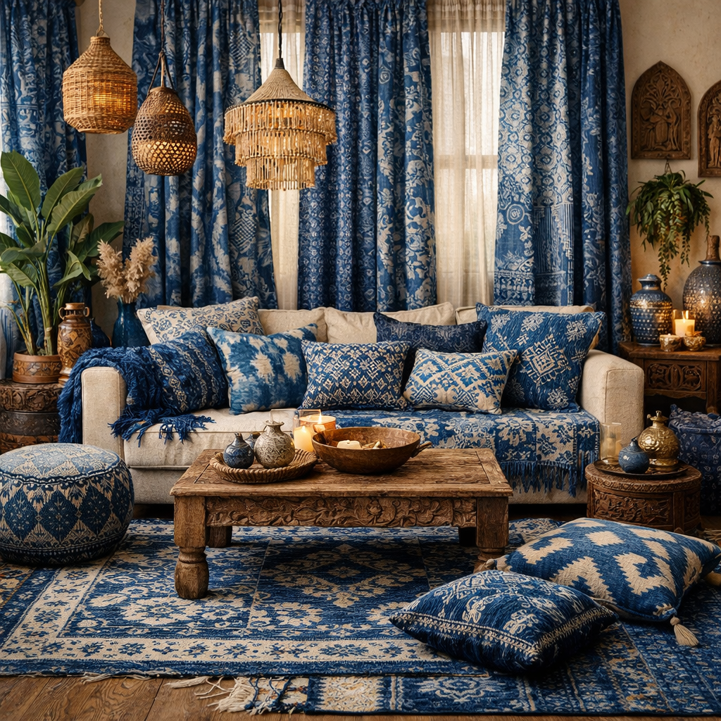 A beautifully styled blue boho living room with patterned textiles, a cozy sofa, and wooden elements.