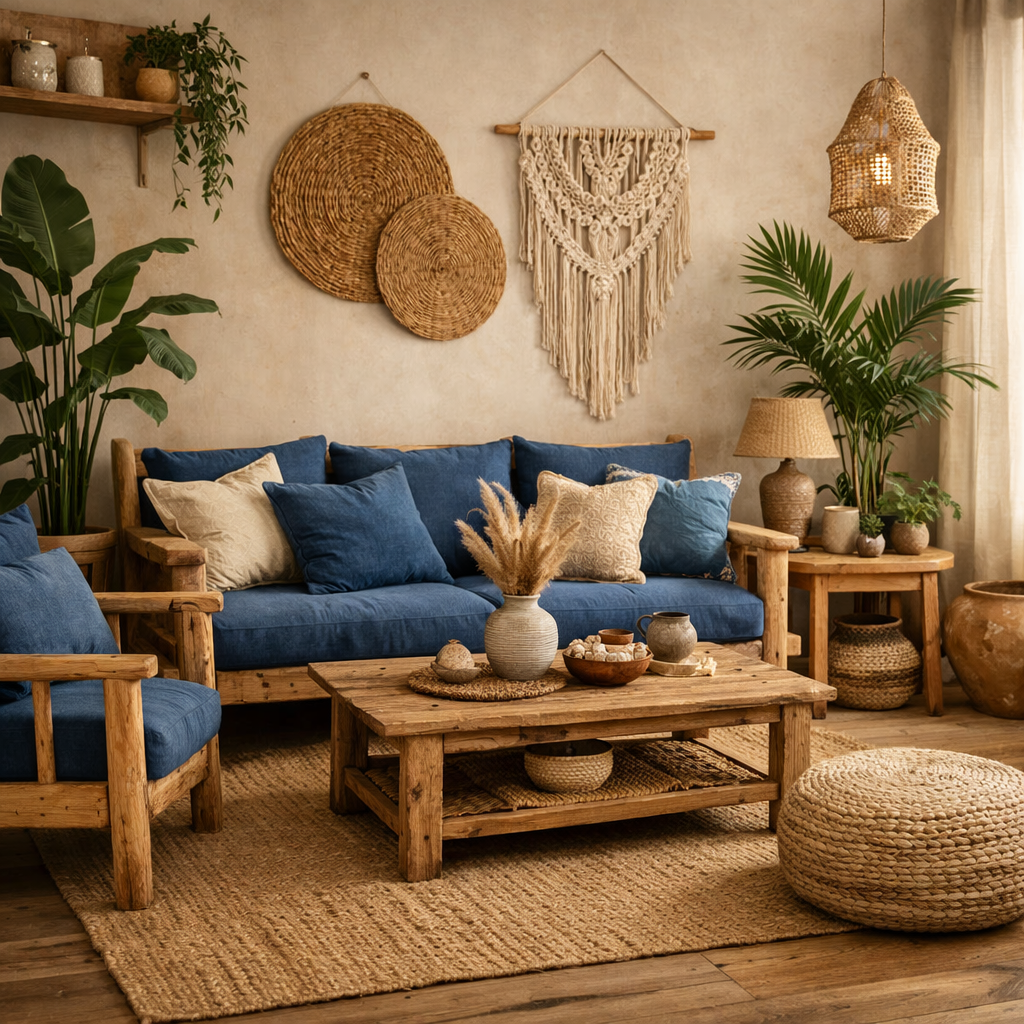 A boho living room featuring blue cushions, wooden furniture, and natural decor elements.