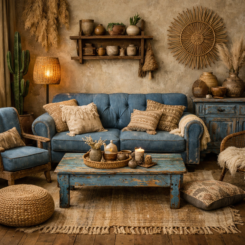 A cozy boho living room featuring a blue sofa, rustic coffee table, and various decorative elements.