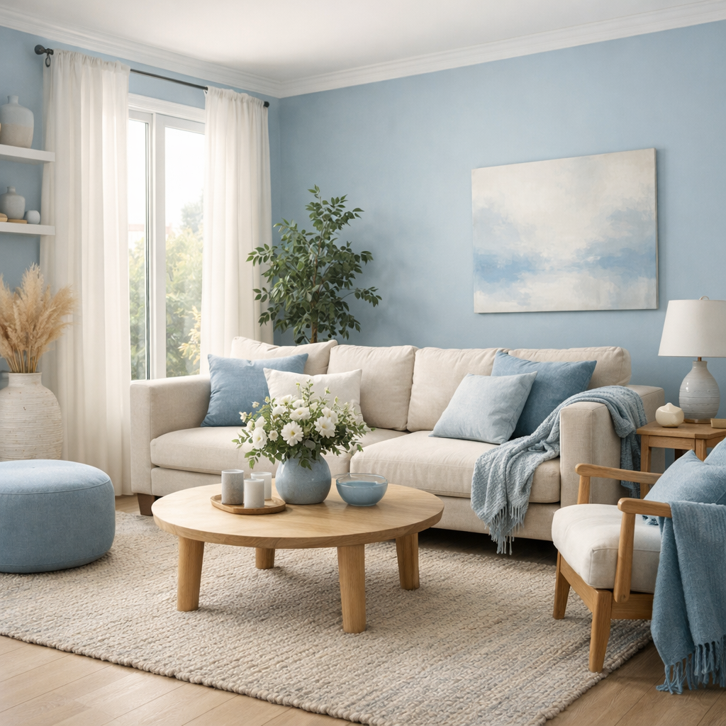 A serene boho living room with a blue color palette featuring a light sofa, wooden coffee table, and greenery.