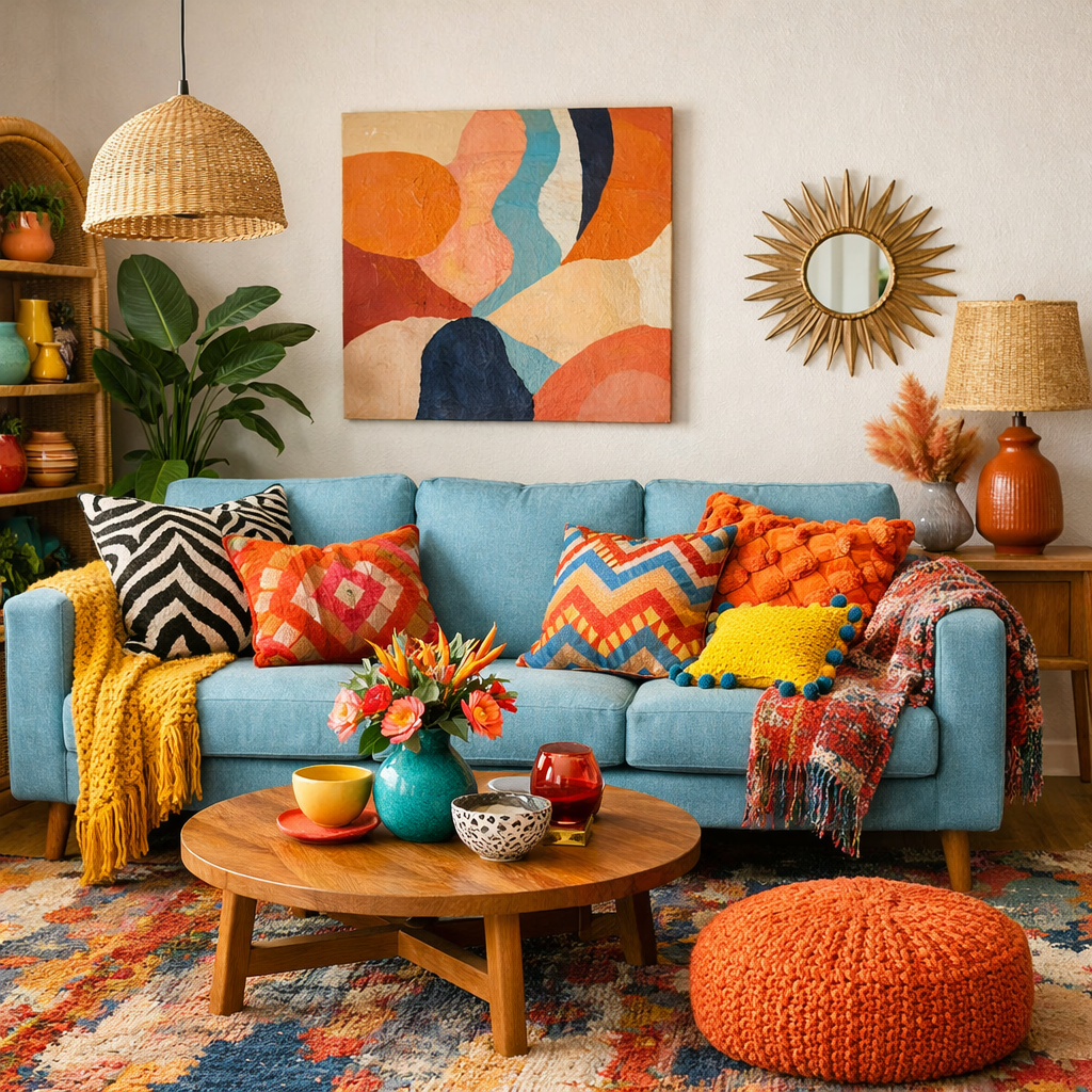A bright living room featuring a light blue couch with bold patterned pillows, colorful decor elements, and a rustic wooden coffee table.