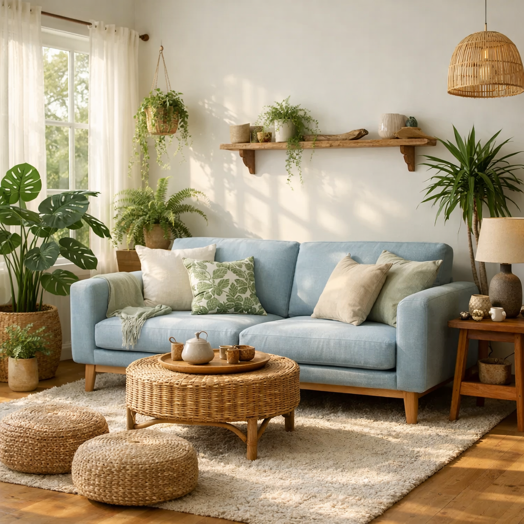 A light blue couch with nature-inspired decor, featuring plants, a wicker coffee table, and soft pillows