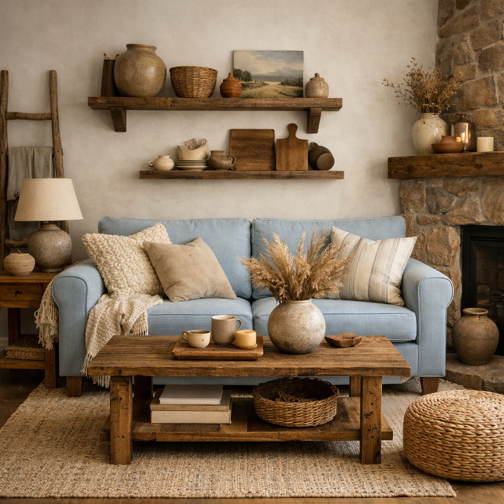 Cozy living room featuring a light blue couch with rustic wooden elements and decorative accessories