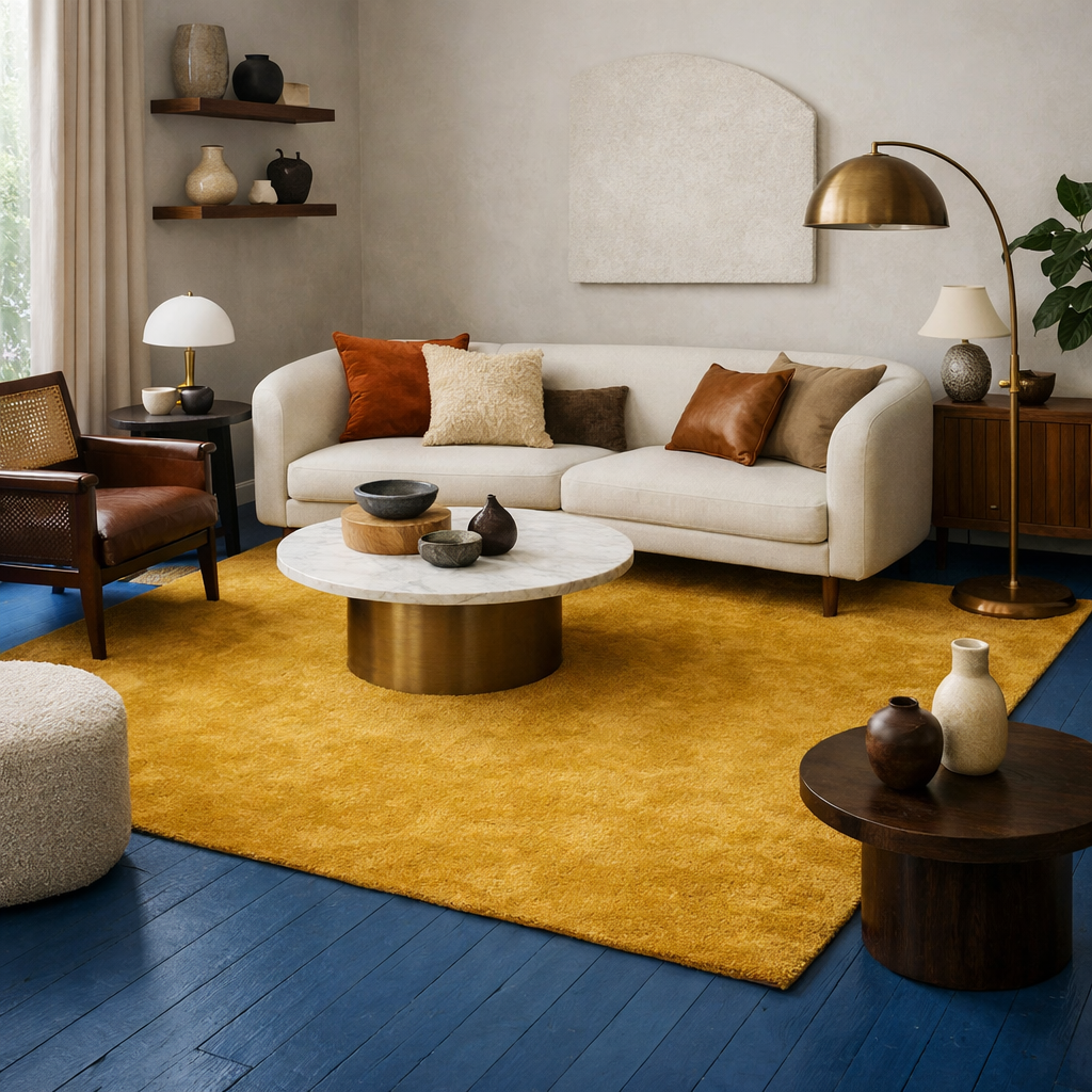 A cozy living room featuring a mustard yellow area rug on blue flooring with a white sofa and decorative pillows.