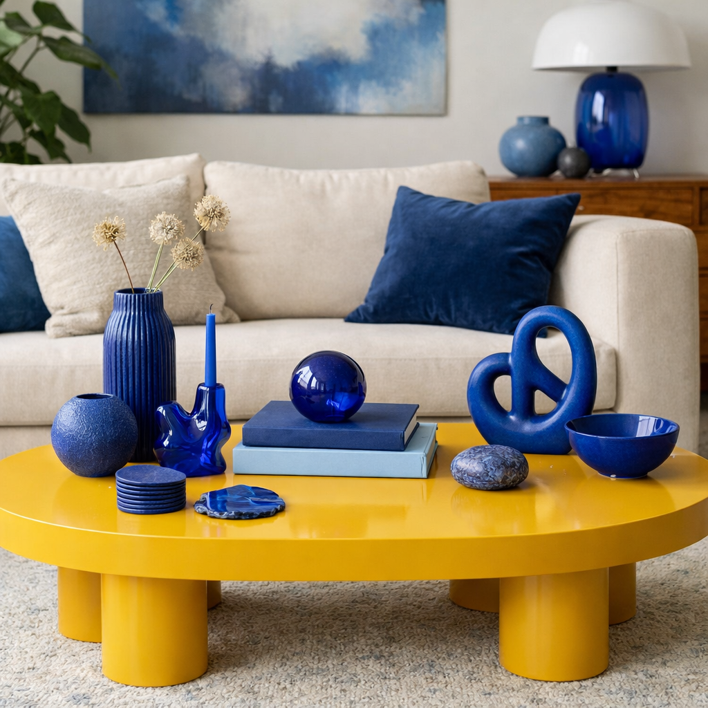 A mustard yellow coffee table topped with various blue decorative items, set in a cozy living room with a beige couch and blue pillows.