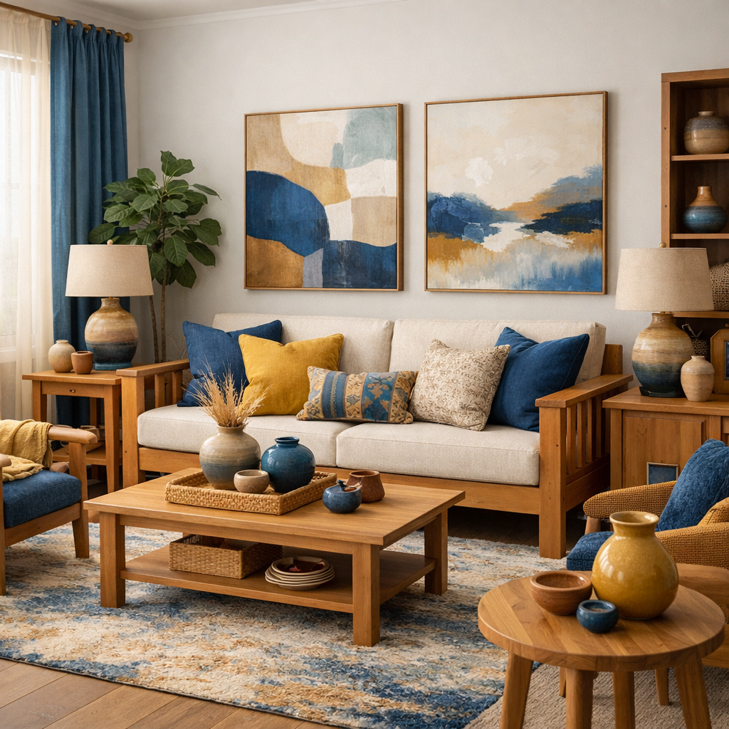 A living room featuring blue and mustard decor with natural wood furniture.